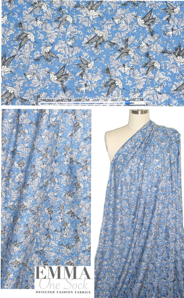 'busy hummingbirds' drapey rayon woven - blue 1 yard