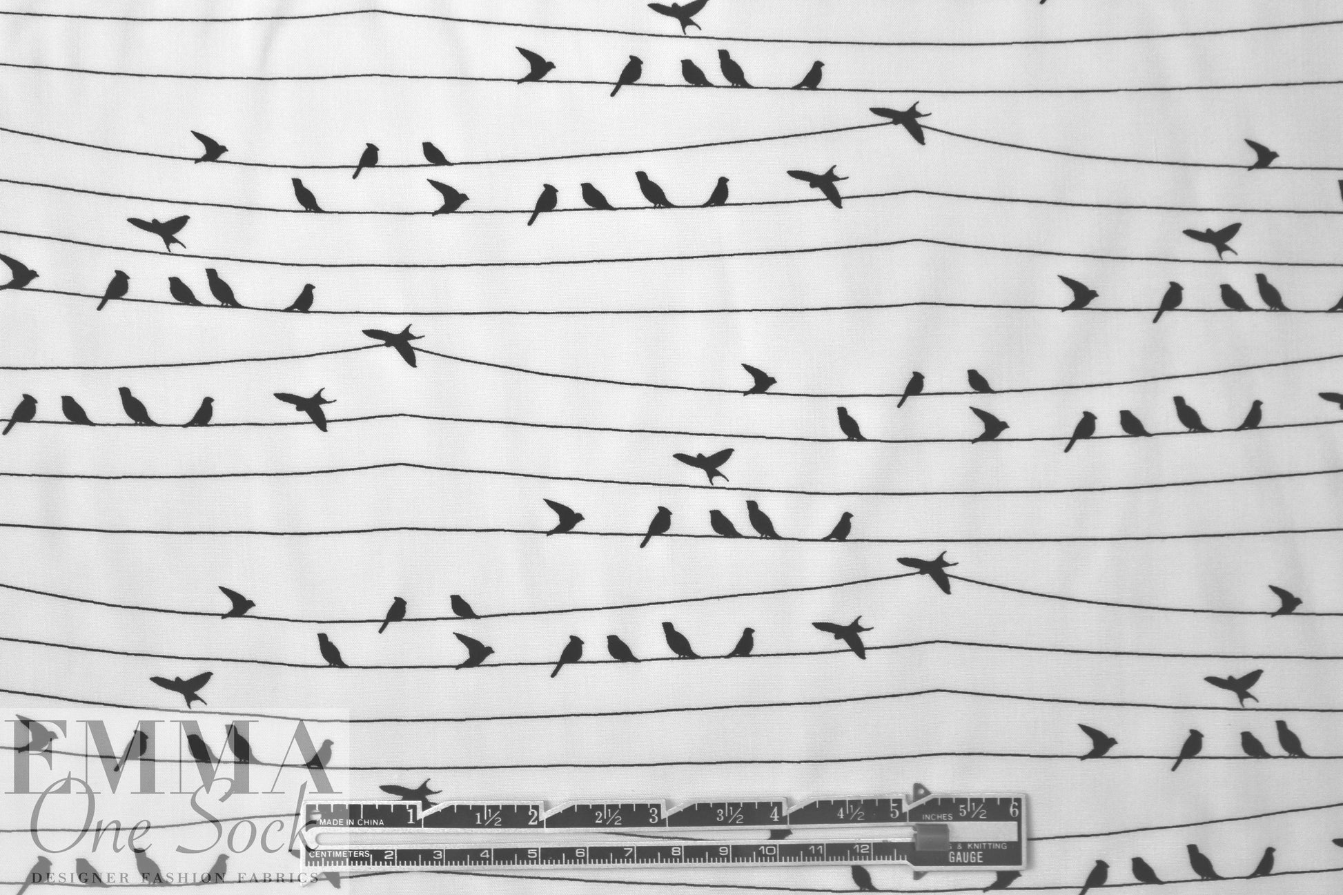birds on wire drapey rayon woven - black/white