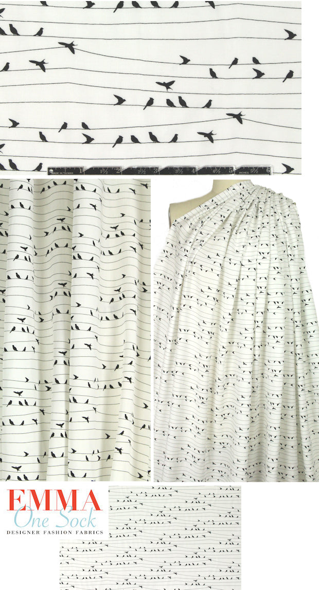 birds on wire drapey rayon woven - black/white 1.5 yd