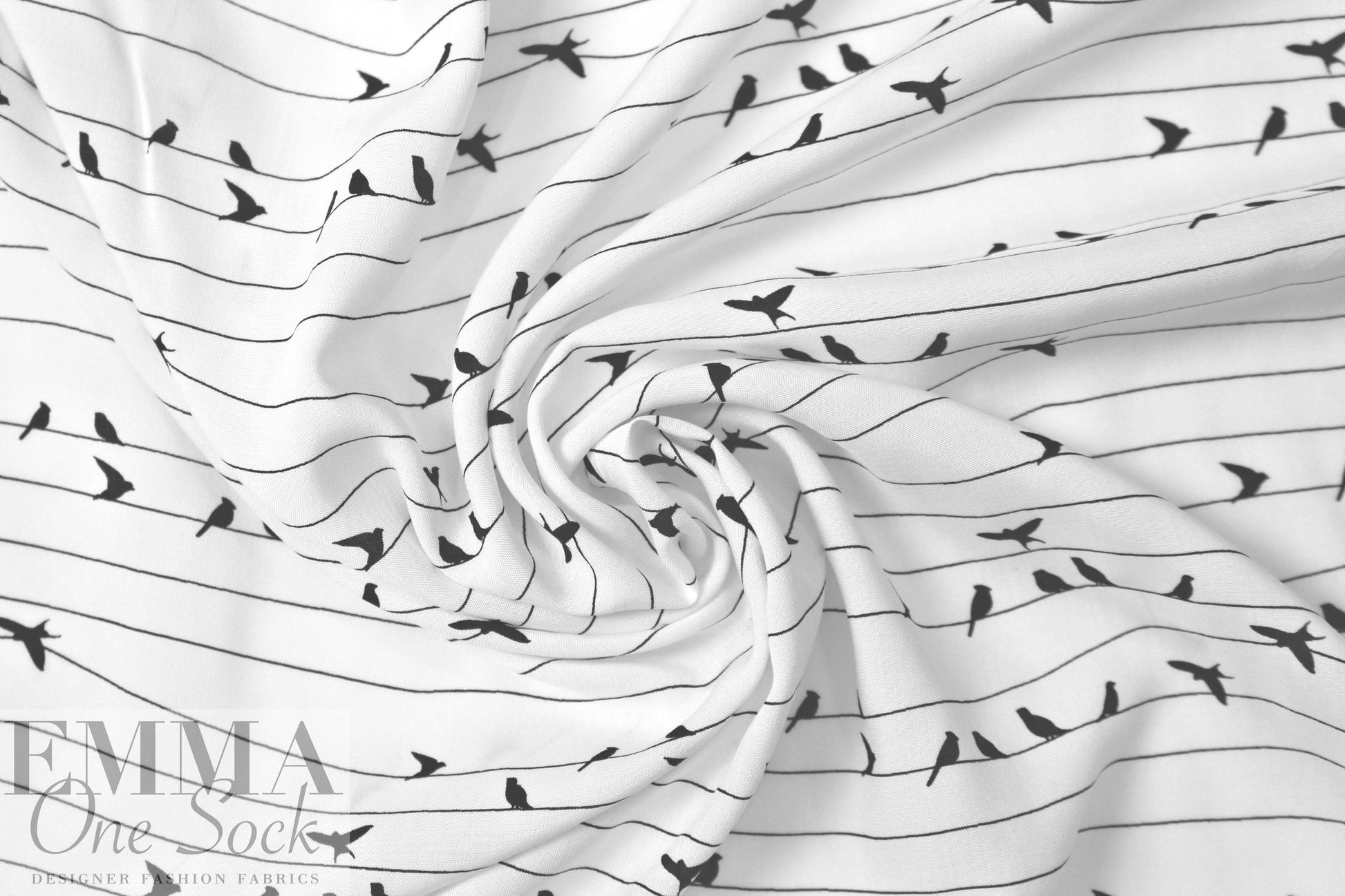 birds on wire drapey rayon woven - black/white