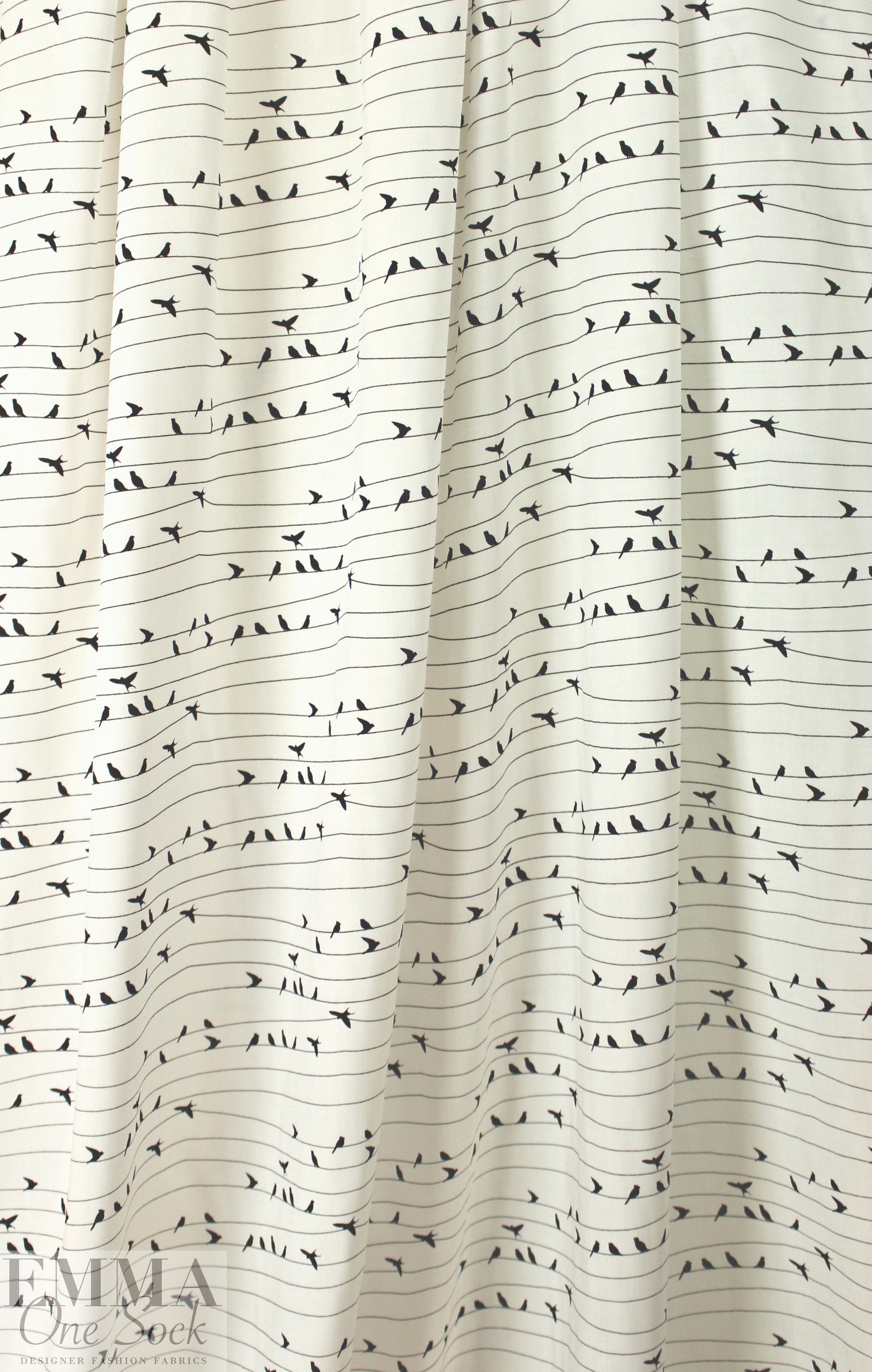 birds on wire drapey rayon woven - black/white 1.5 yd