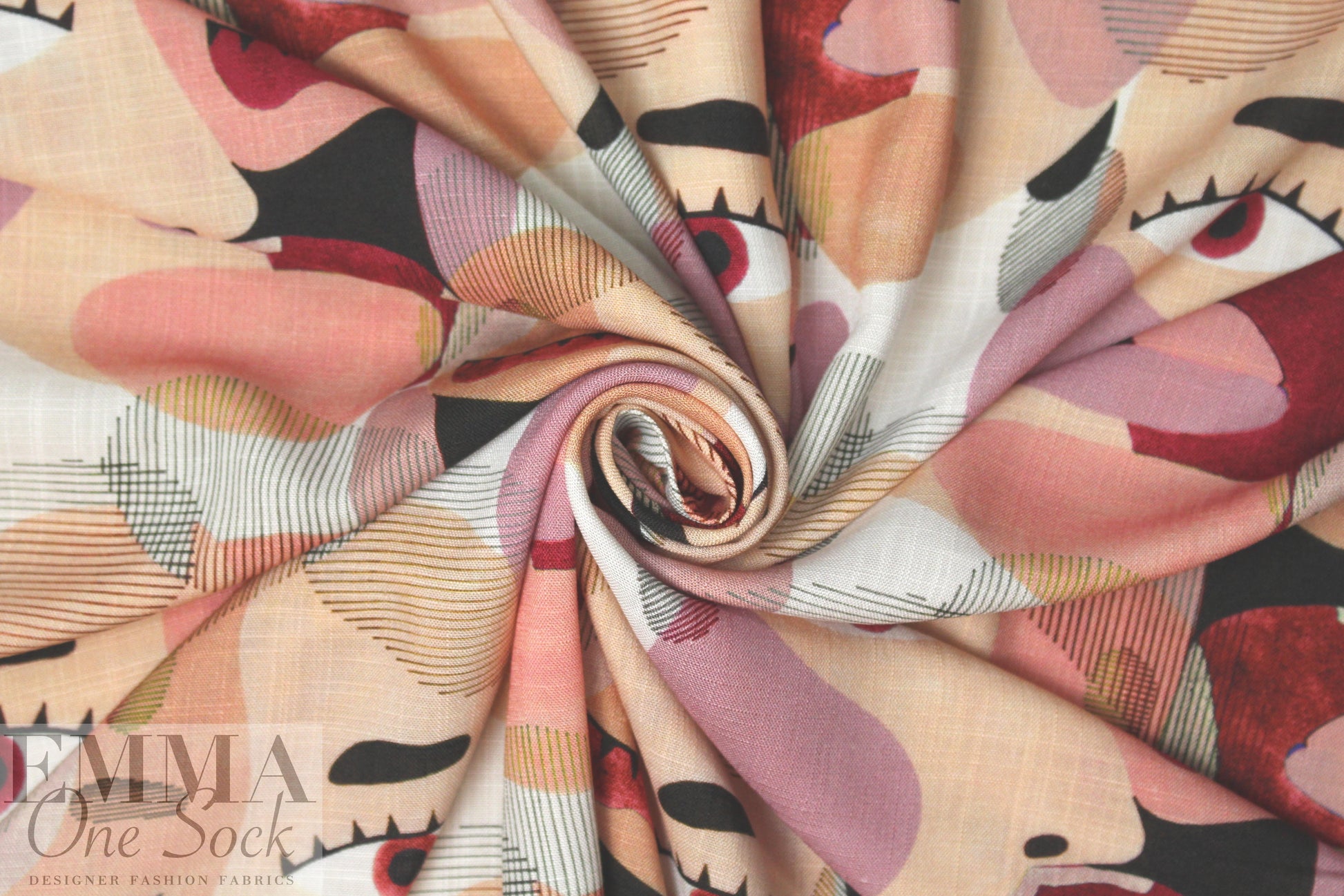 'Picasso' linen-look digital print rayon woven - blush