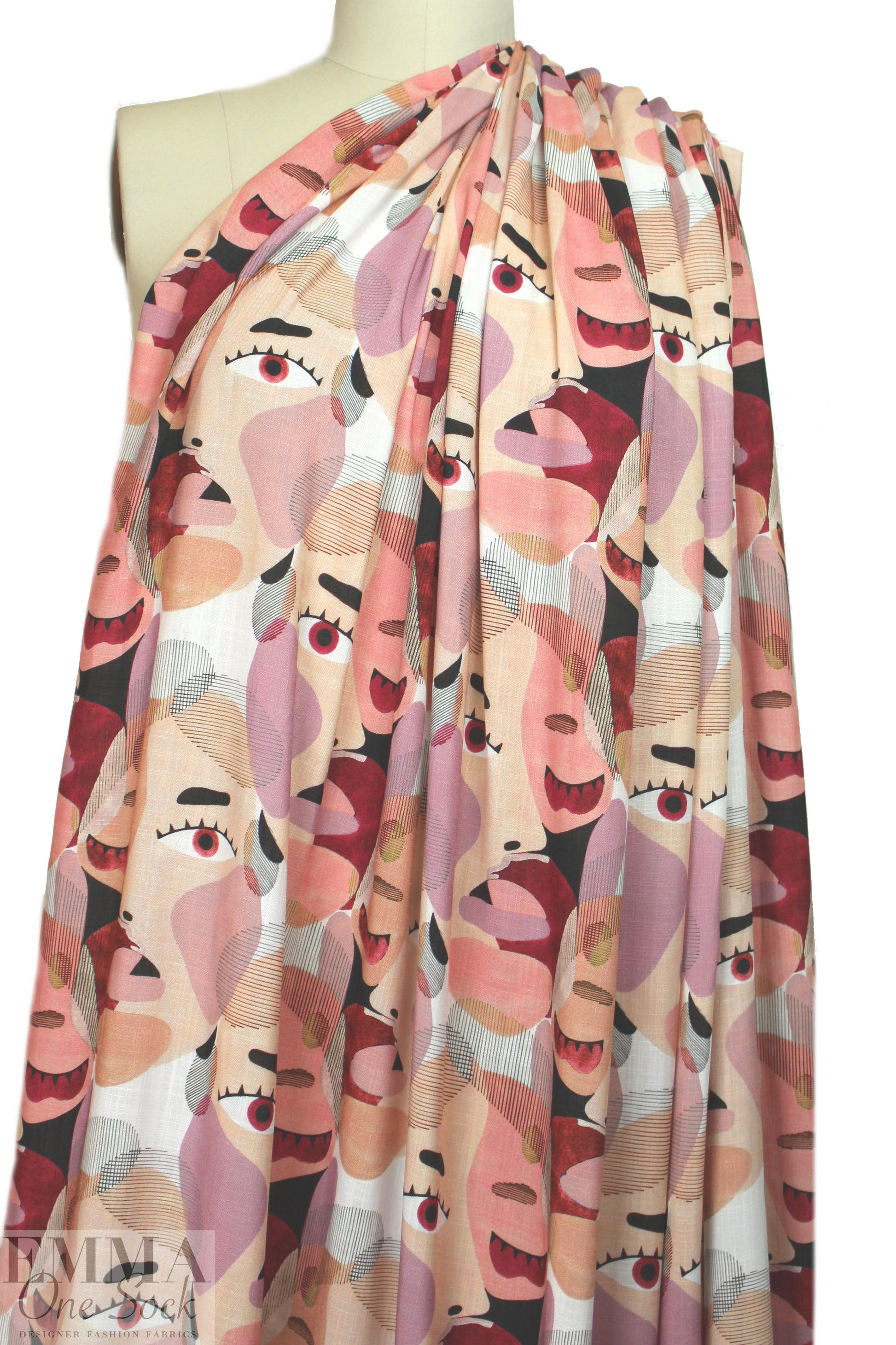 'Picasso' linen-look digital print rayon woven - blush