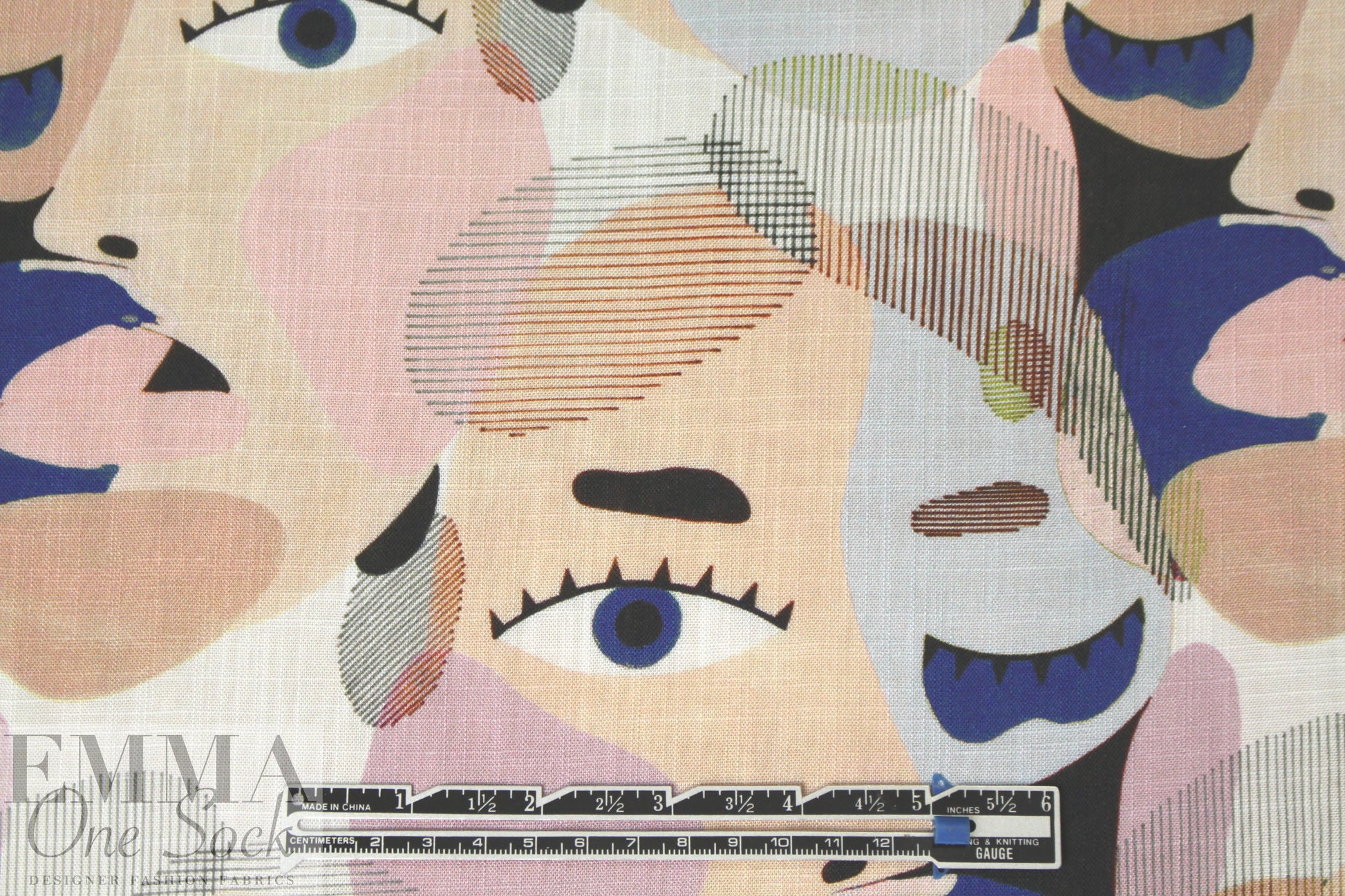 'Picasso' linen-look digital print rayon woven - navy