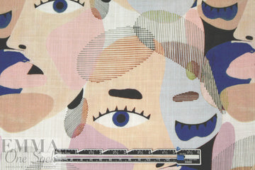 'Picasso' linen-look digital print rayon woven - navy