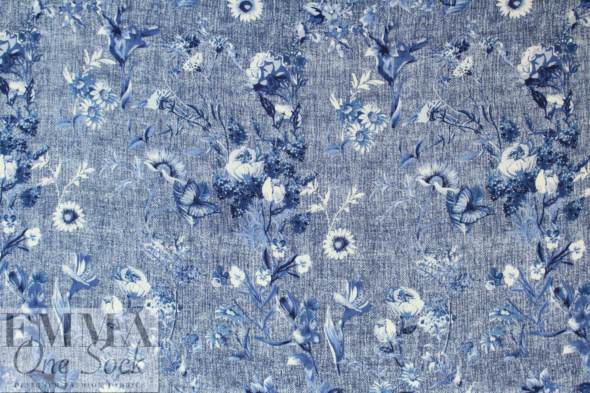 blue jeans floral drapey viscose woven 1 yard
