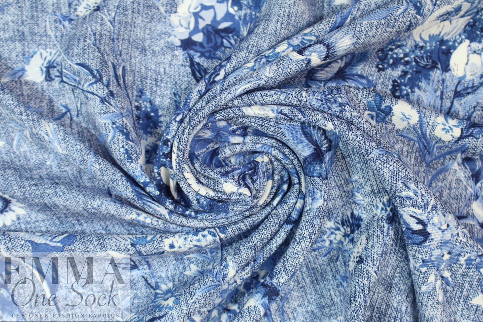 blue jeans floral drapey viscose woven .75 yds