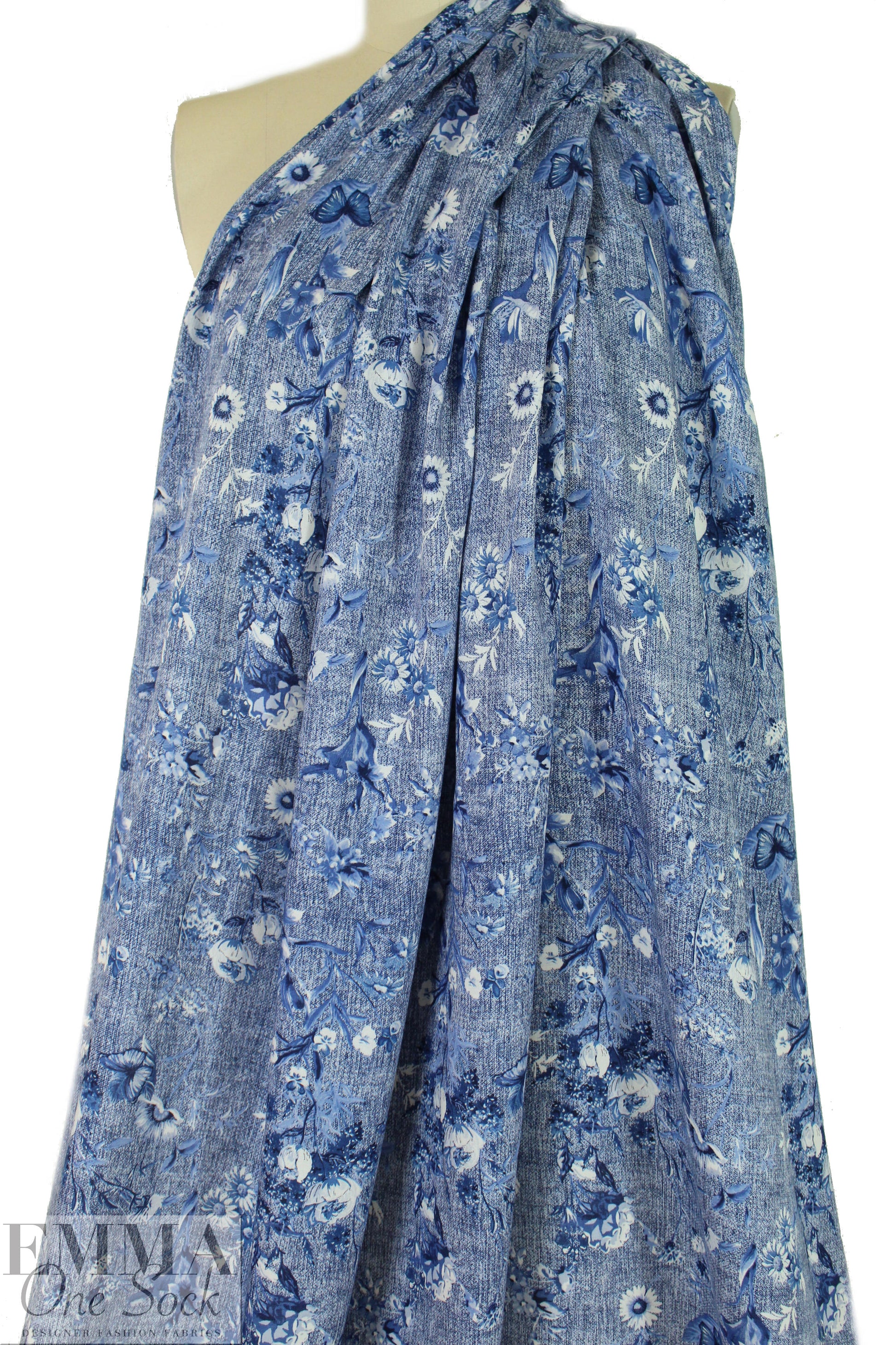 blue jeans floral drapey viscose woven 1.5 yds