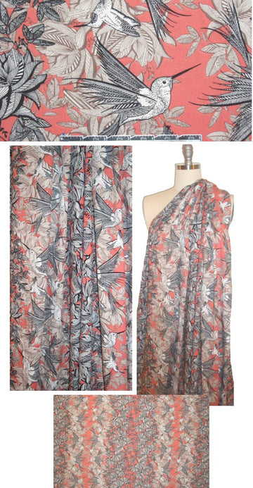 coral/taupe crepey drapey woven - hummingbirds .75 yds