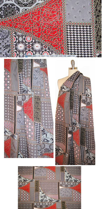 morocco patchwork drapey rayon woven - red/gray