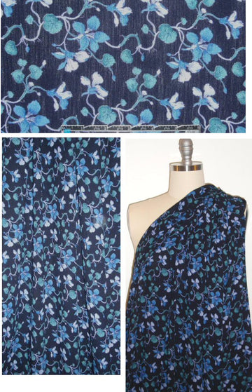 Italian crinkle rayon lyrical blue floral woven 1 yard