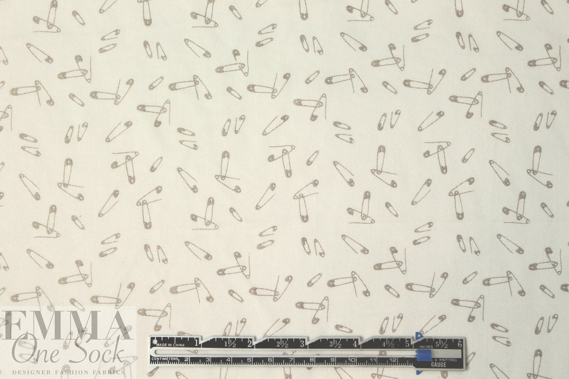 CA designer safety pin printed viscose twill