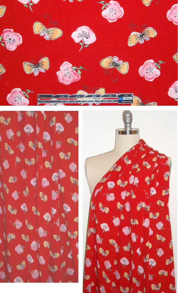 0yako red with butterfly flowers rayon crepe 1.25 yds
