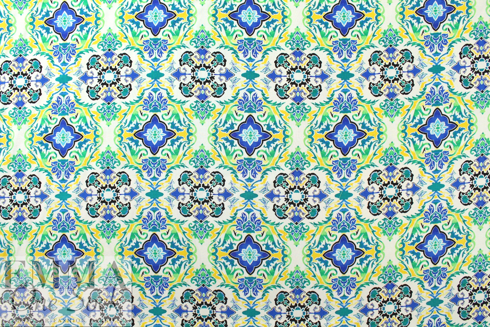 CA designer medallion viscose challis - blue/green 1.25 yds