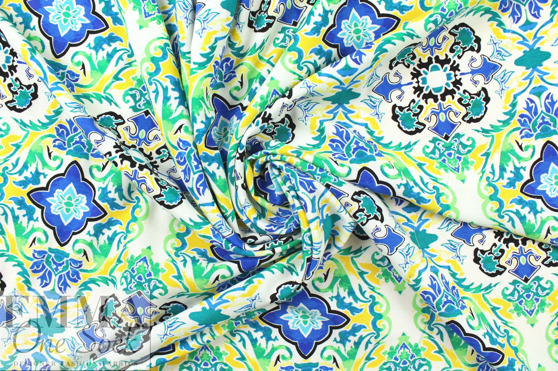 CA designer medallion viscose challis - blue/green 1.625 yd