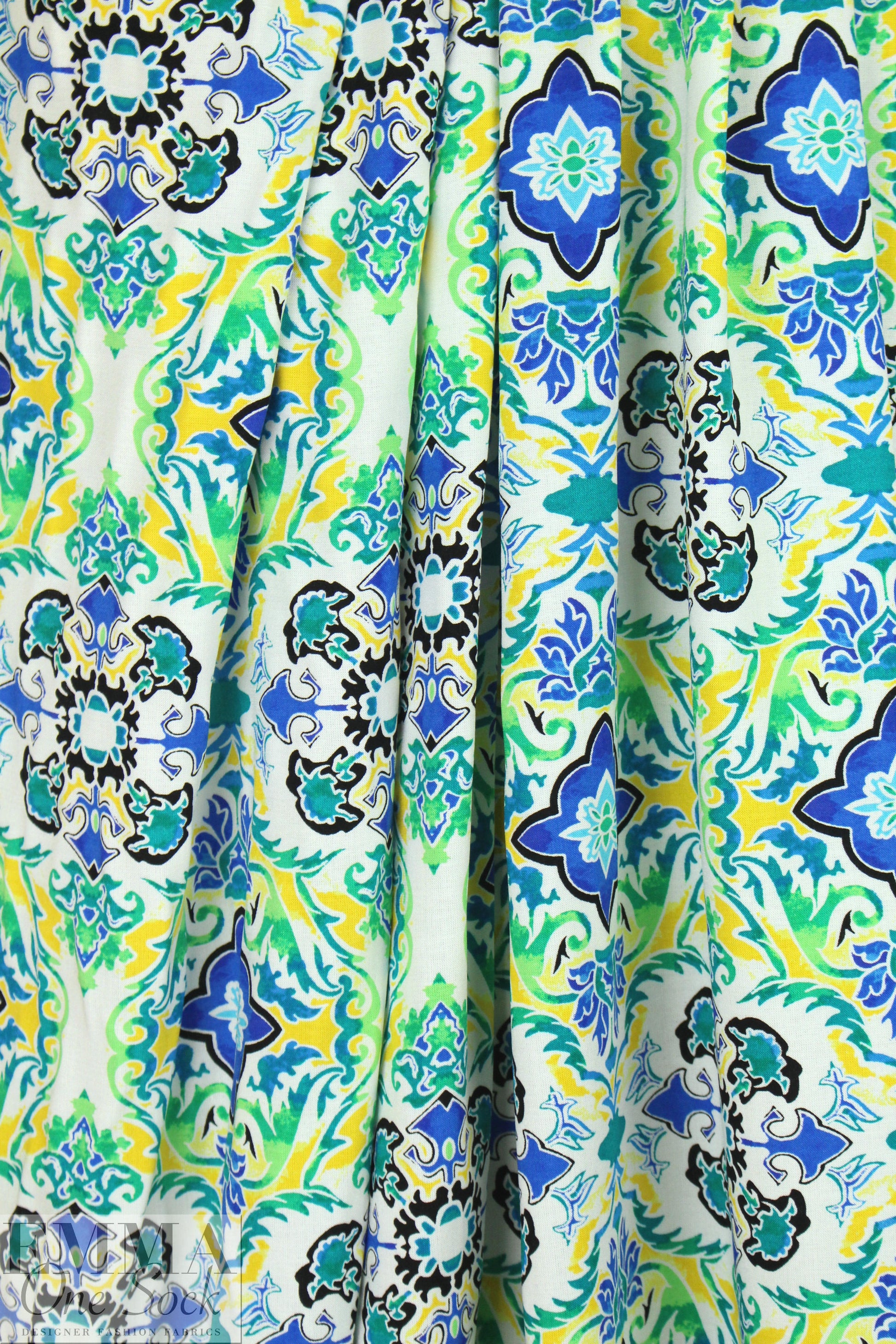 CA designer medallion viscose challis - blue/green 1.625 yd