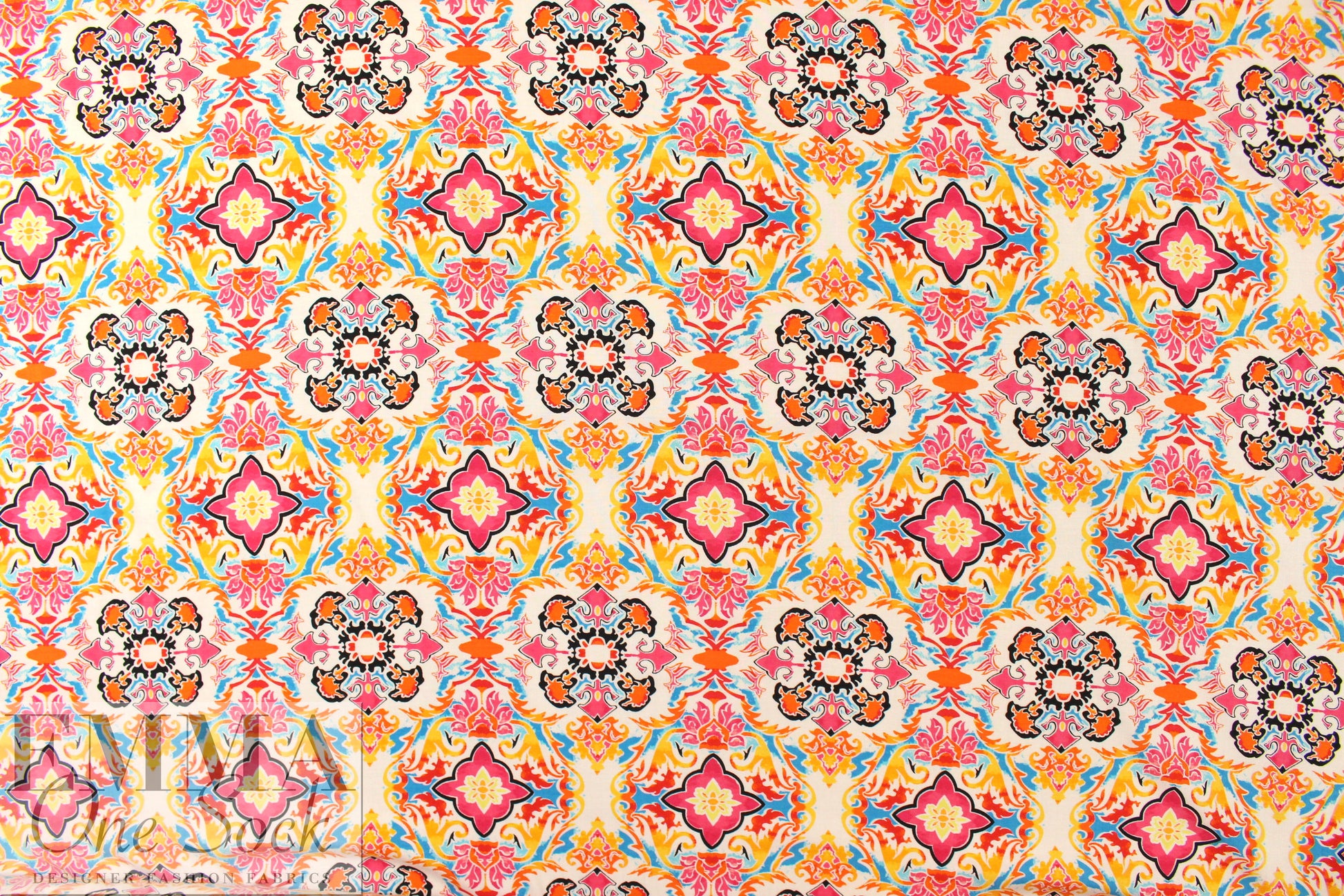 CA designer medallion viscose challis - pink/sky 1.25 yds