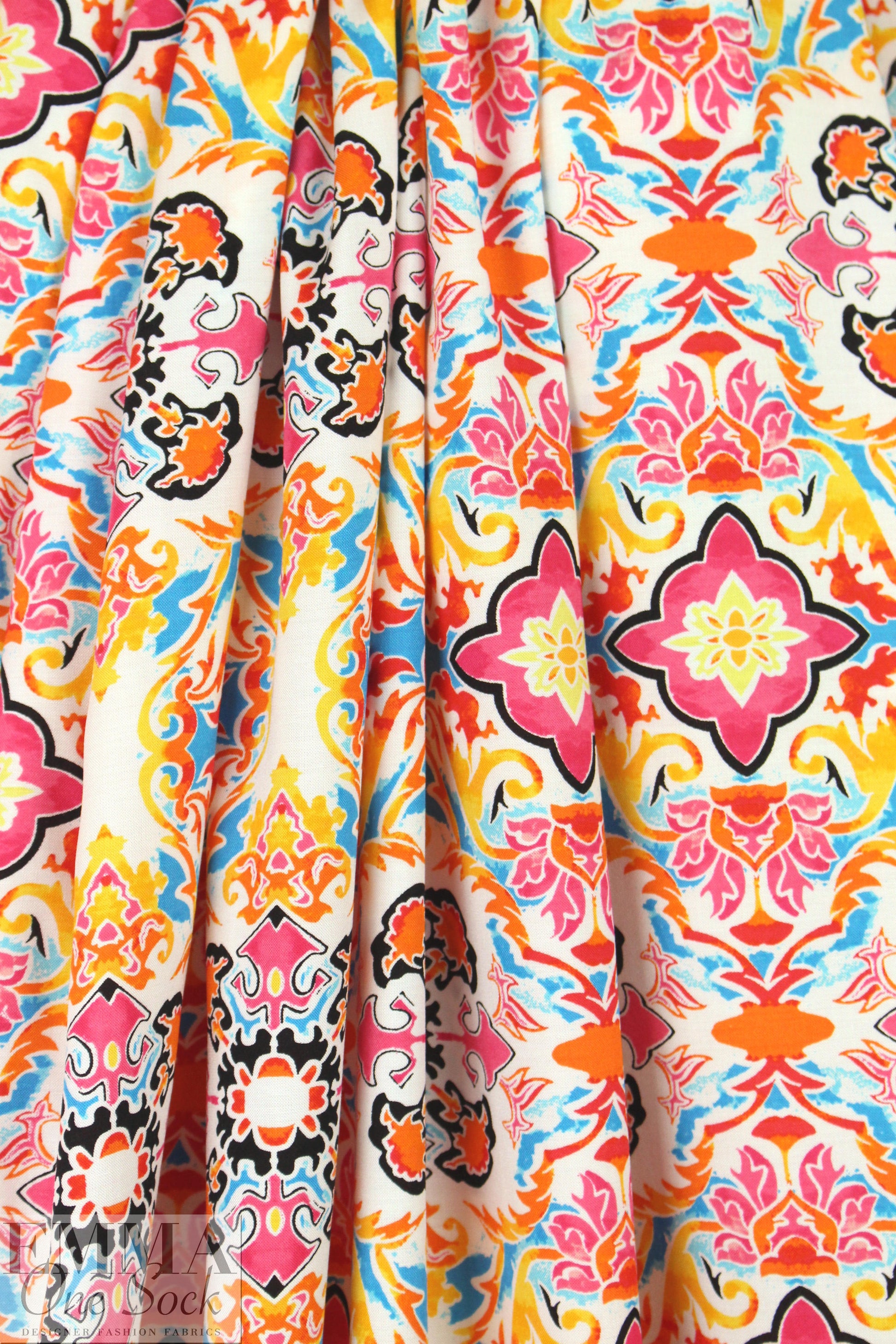 CA designer medallion viscose challis - pink/sky 2.5 yd