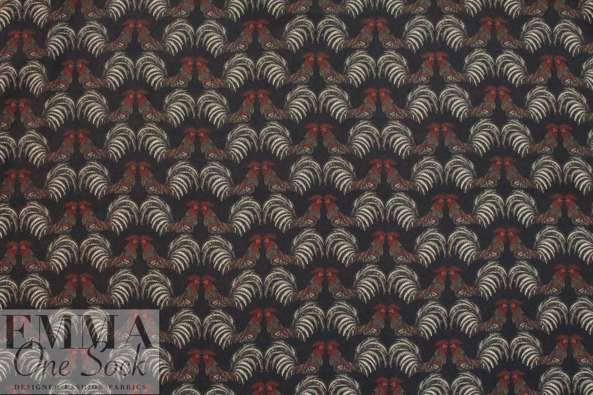 CA designer roosters graphic viscose woven .875 yds