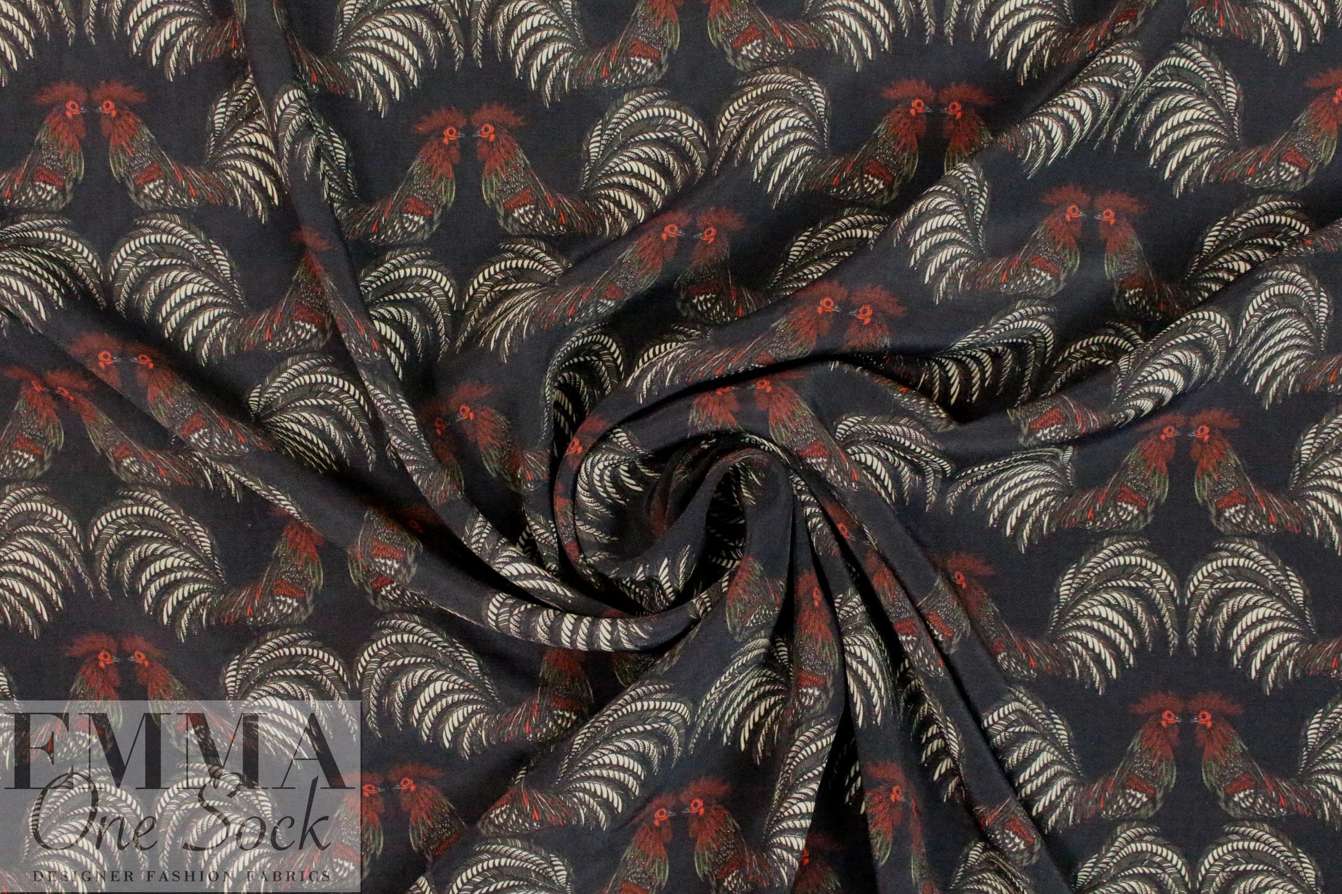CA designer roosters graphic viscose woven .875 yds