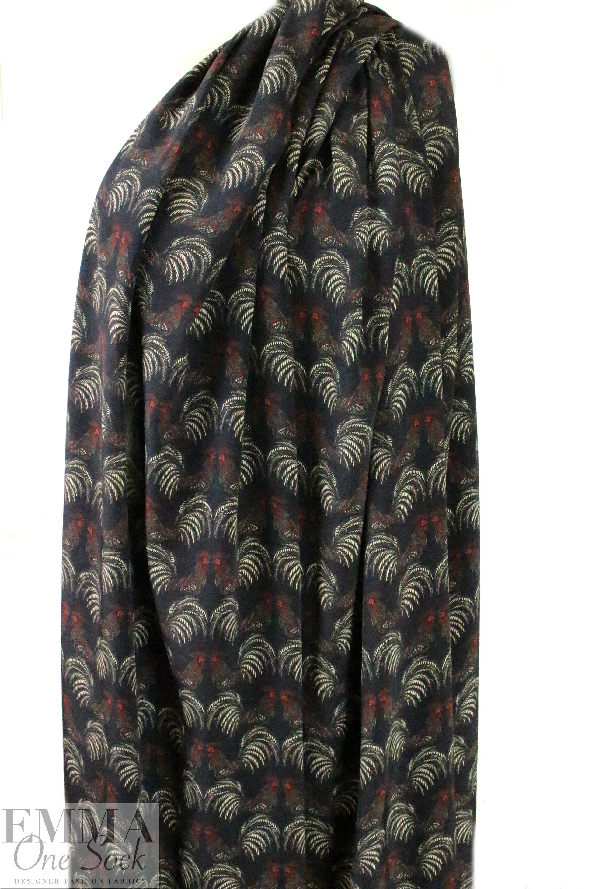 CA designer roosters graphic viscose woven