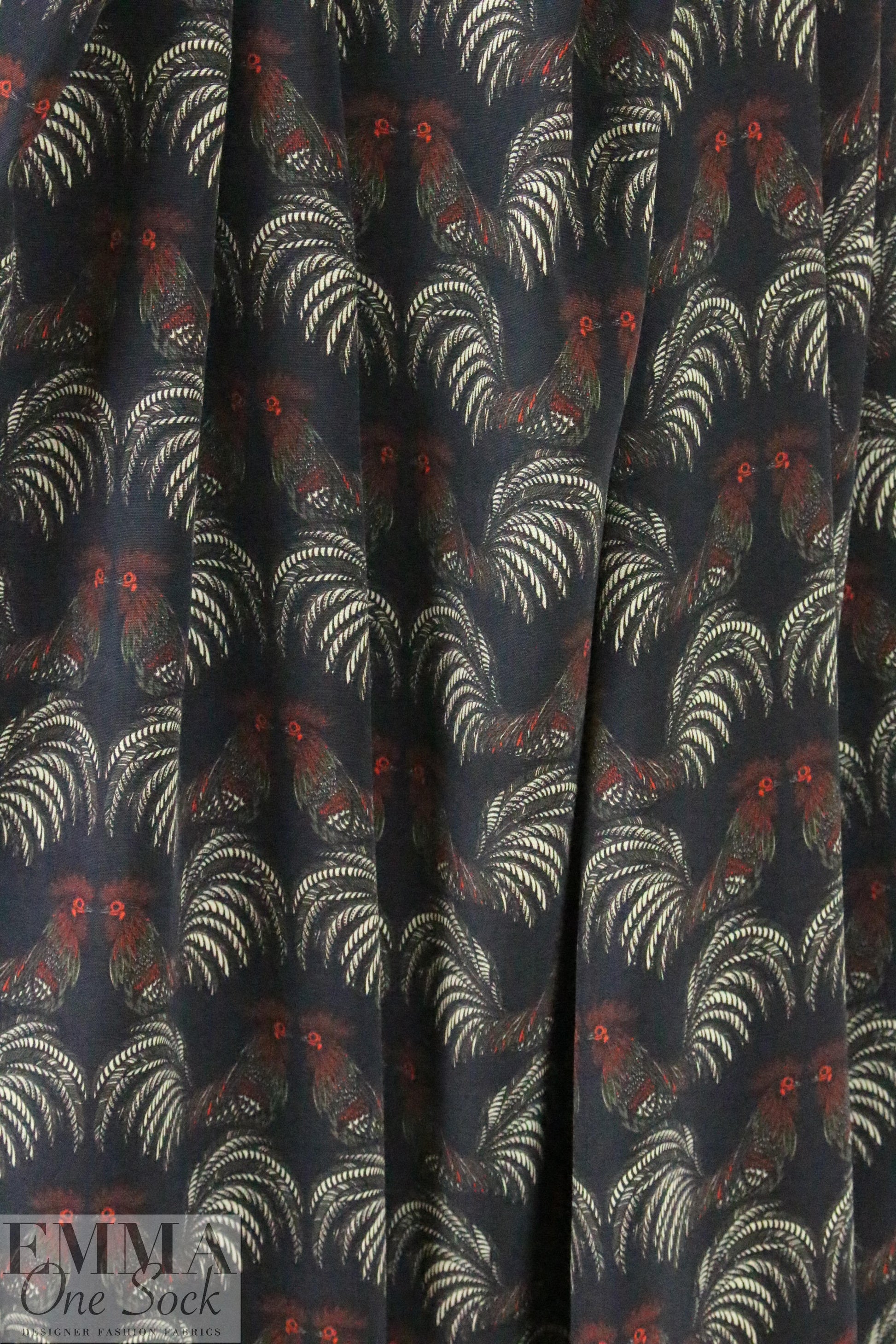 CA designer roosters graphic viscose woven