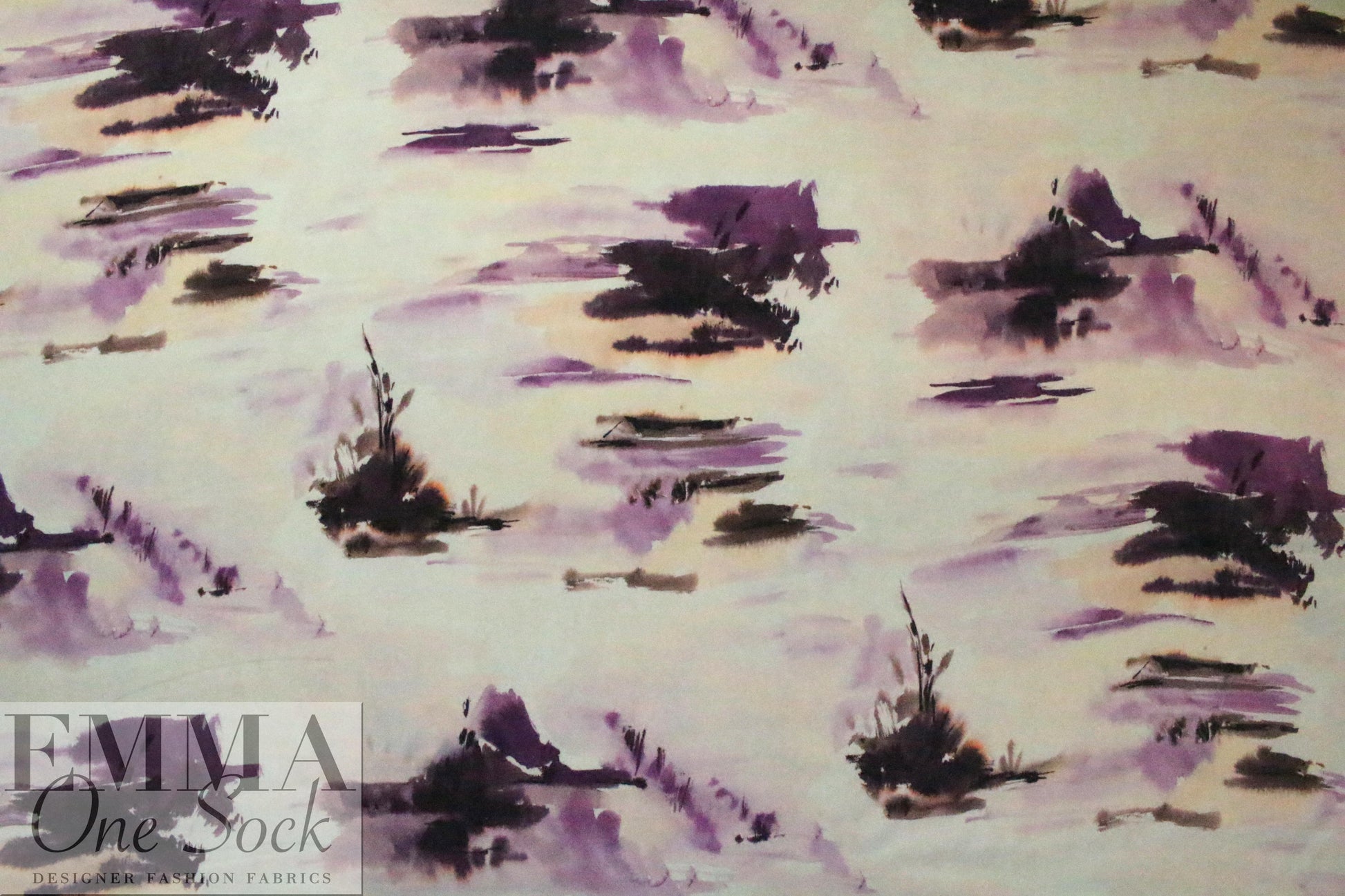 Italian viscose crepe back satin - plum/peach abstract