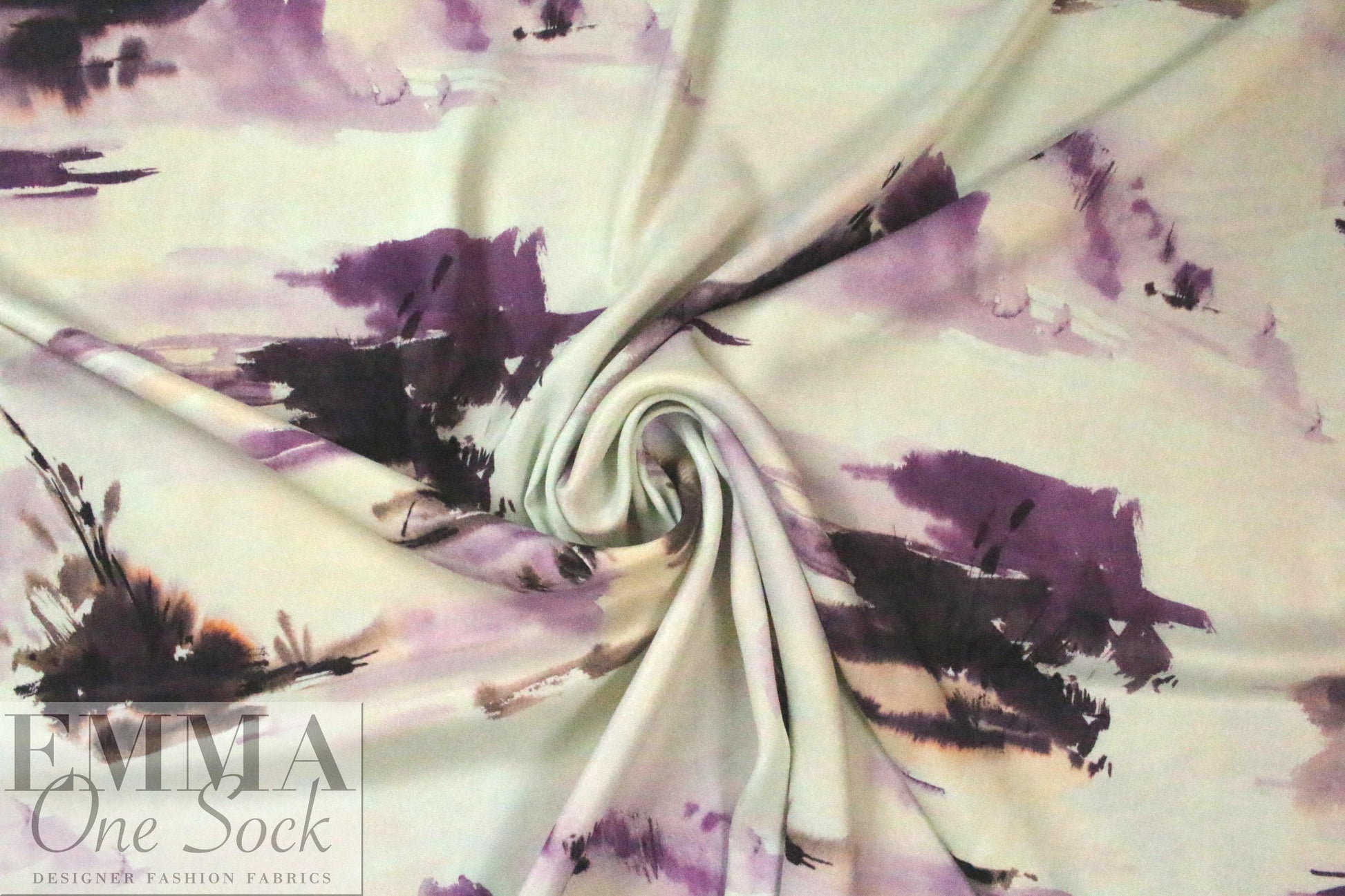 Italian viscose crepe back satin - plum/peach abstract