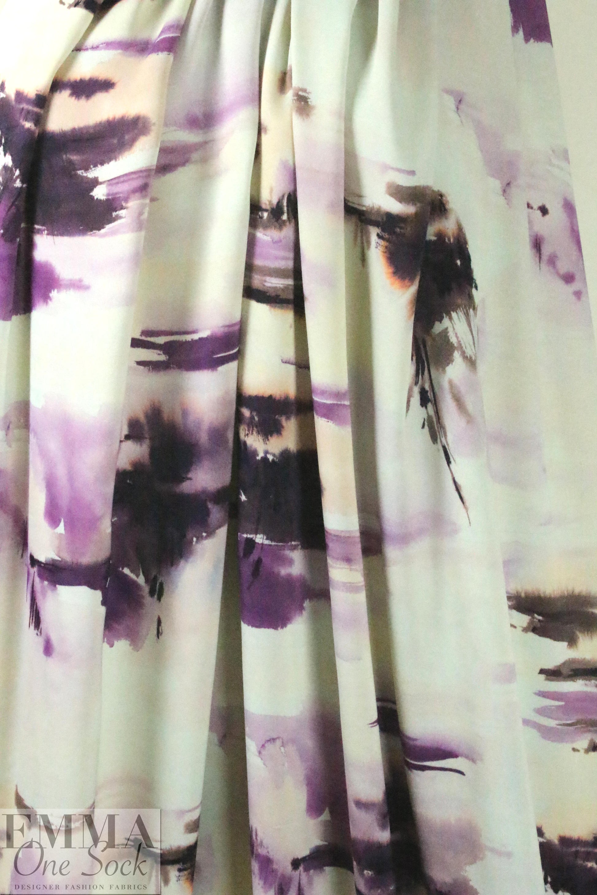 Italian viscose crepe back satin - plum/peach abstract