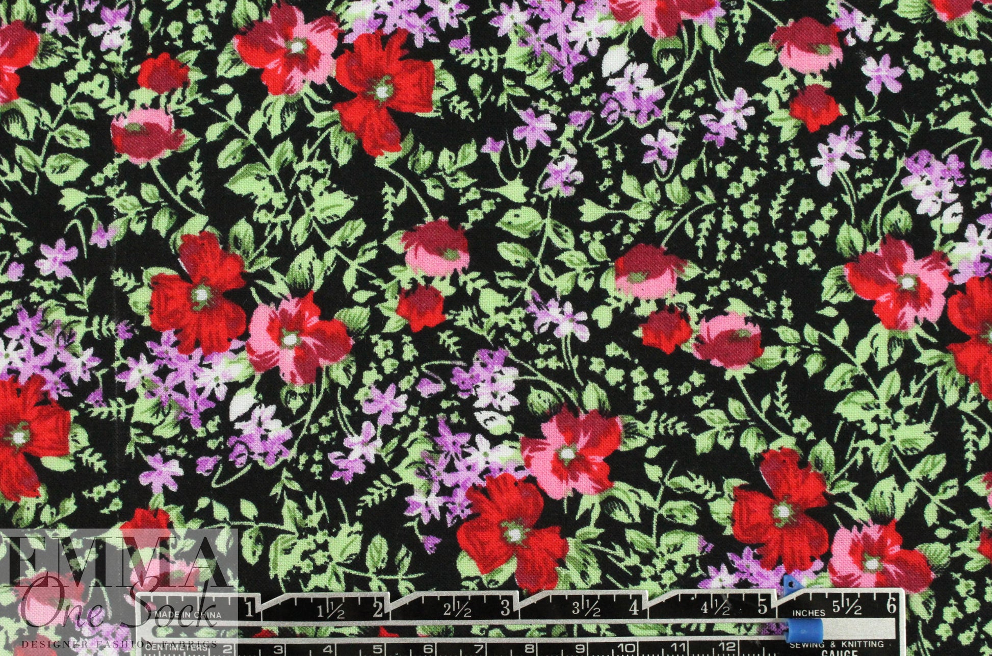 CA designer blossoms on black drapey rayon woven 1.66 yd