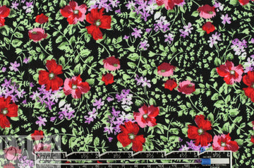 CA designer blossoms on black drapey rayon woven 1.75 yd