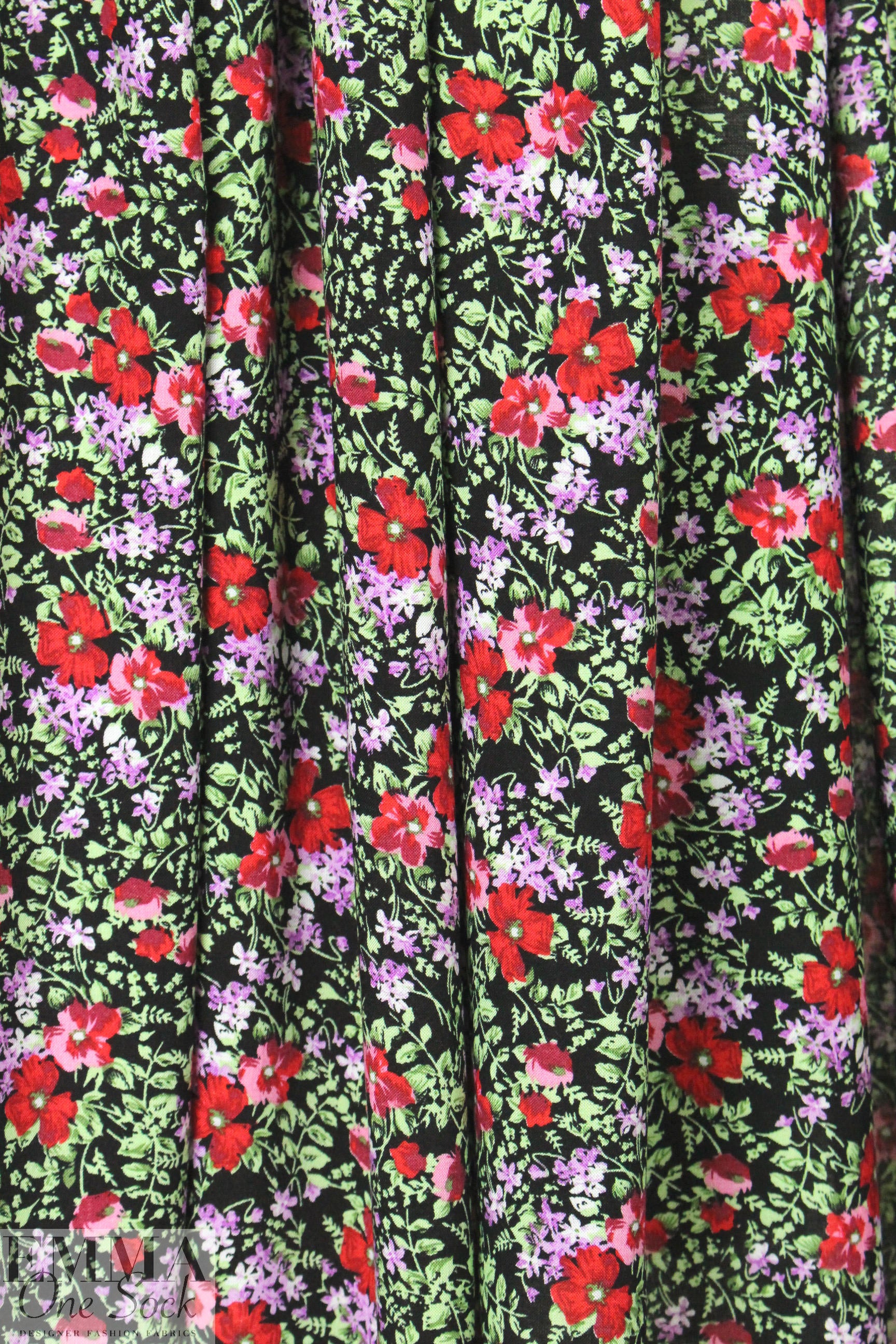 CA designer blossoms on black drapey rayon woven 1.75 yd