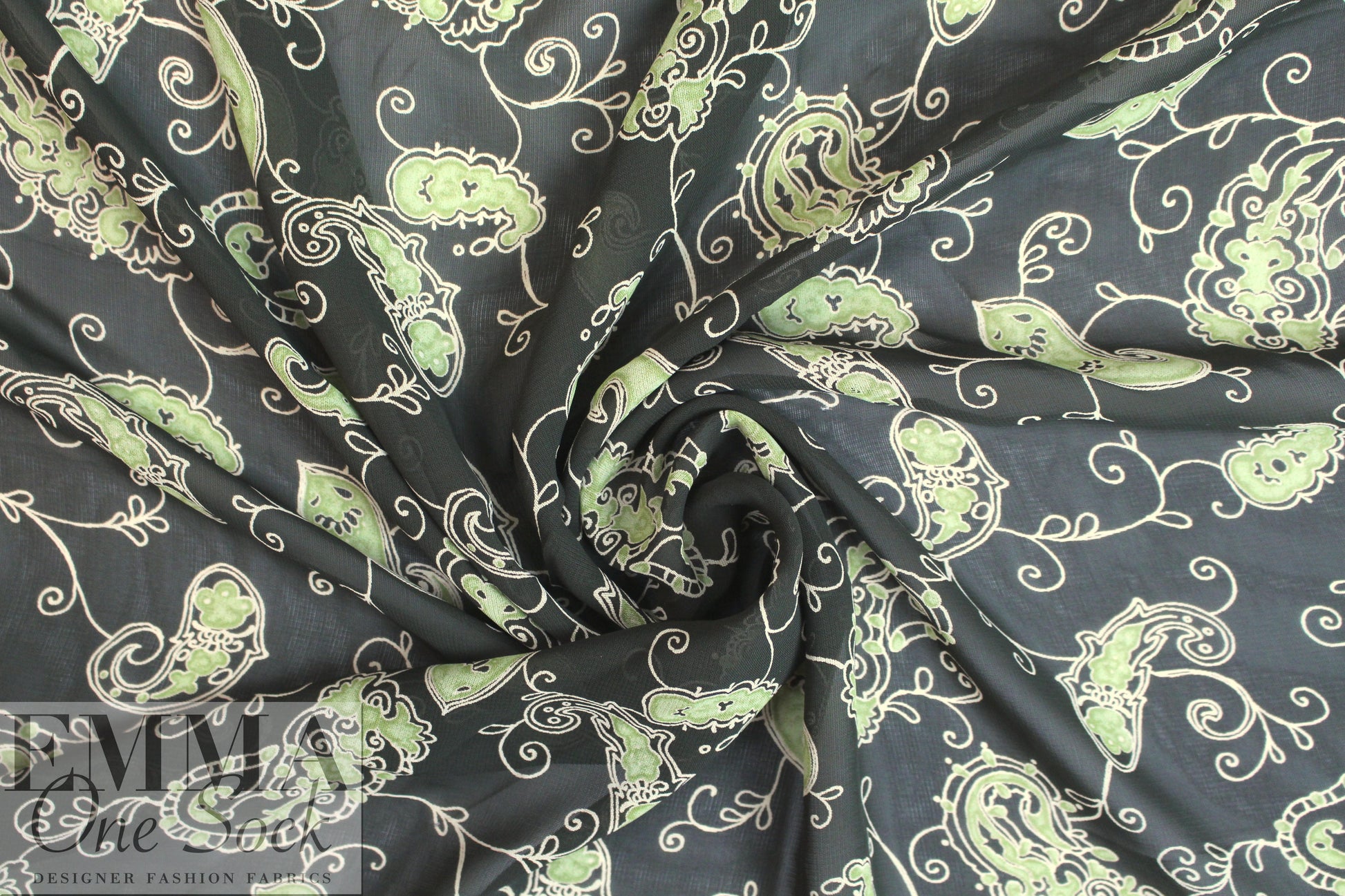 CA designer loden paisley sheer viscose crepe woven