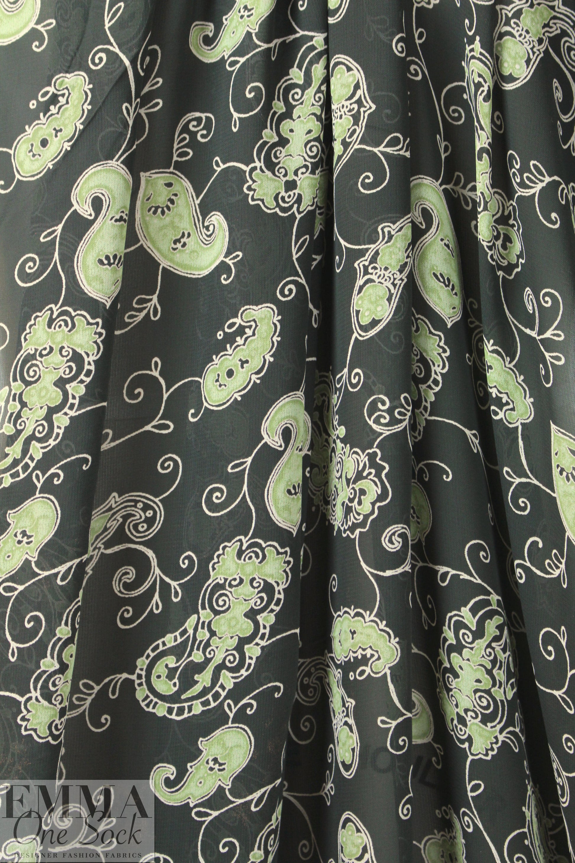 CA designer loden paisley sheer viscose crepe woven