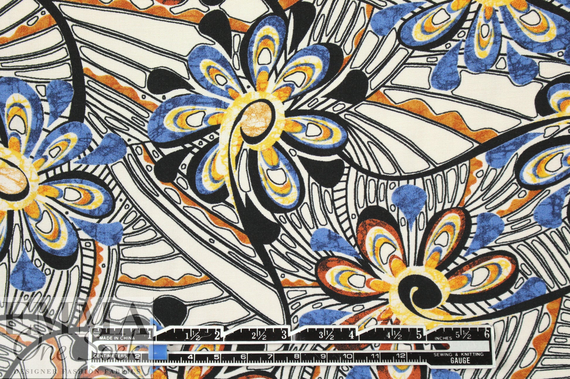 CA designer viscose woven - woodcut flower swirl .75 yds