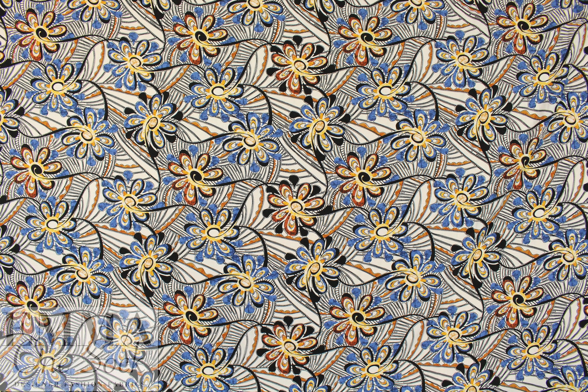CA designer viscose woven - woodcut flower swirl .75 yds