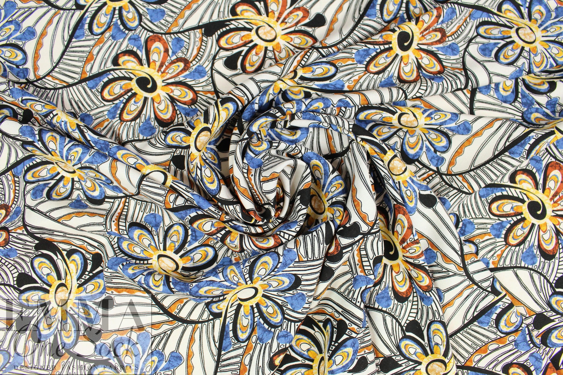 CA designer viscose woven - woodcut flower swirl .75 yds