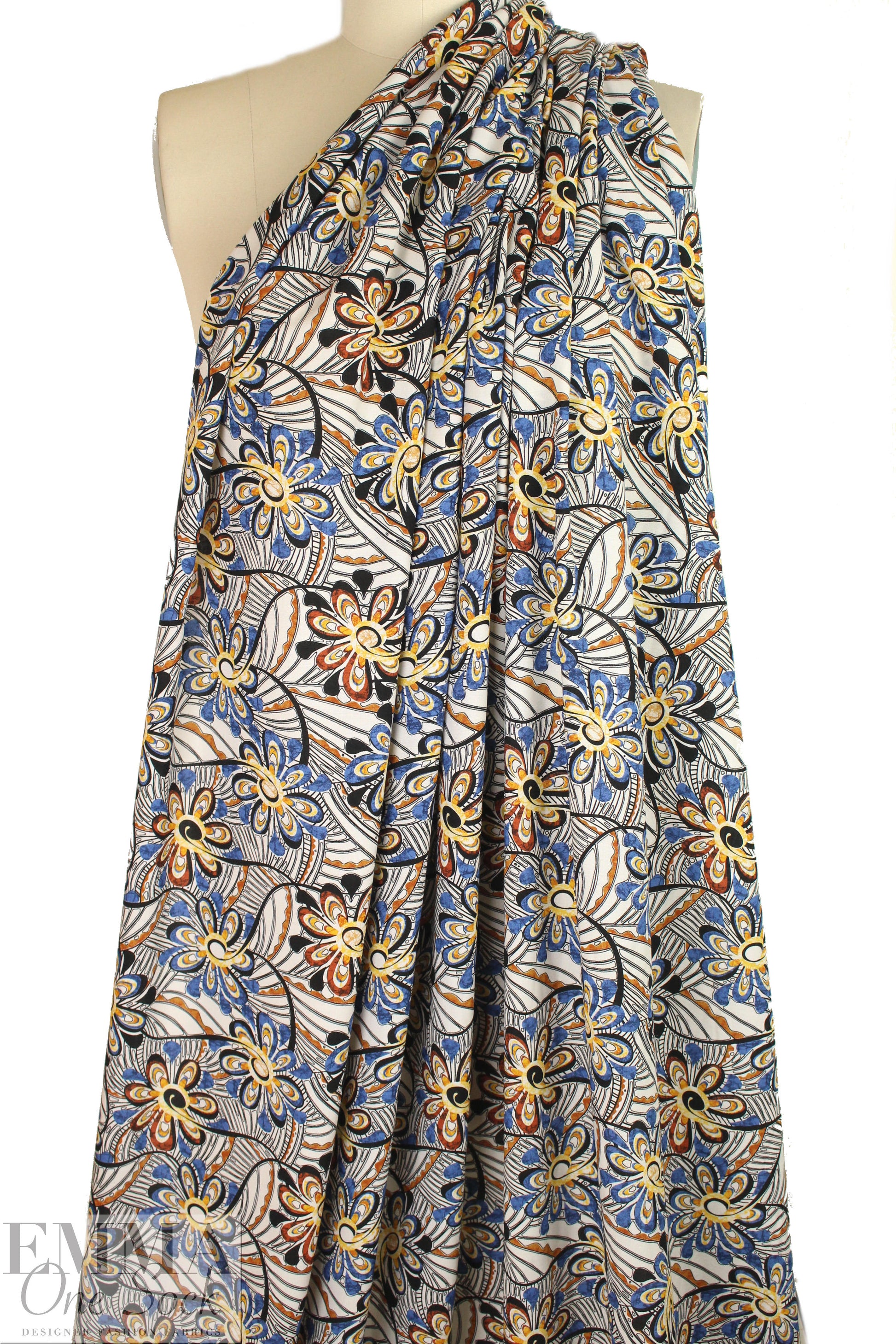 CA designer viscose woven - woodcut flower swirl