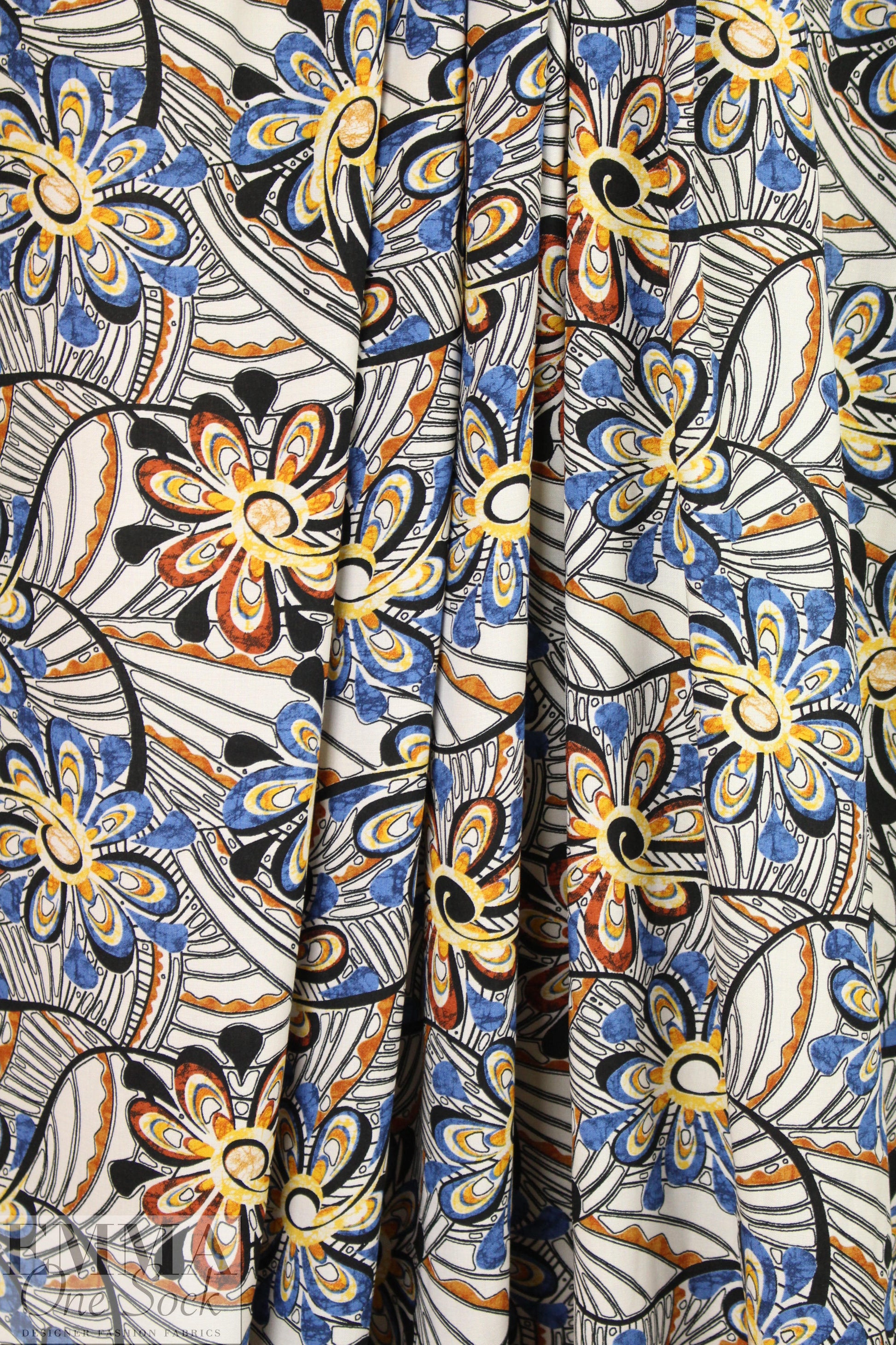 CA designer viscose woven - woodcut flower swirl