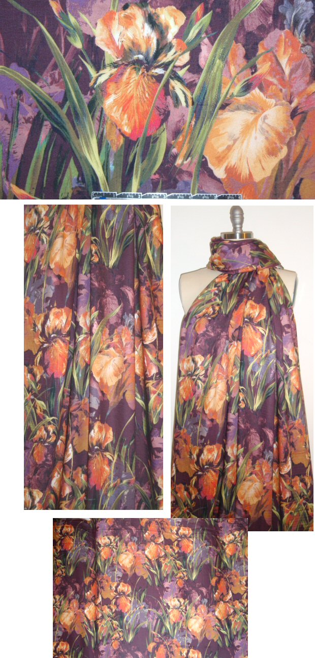 NY designer drapey rayon spice/mulberry floral print