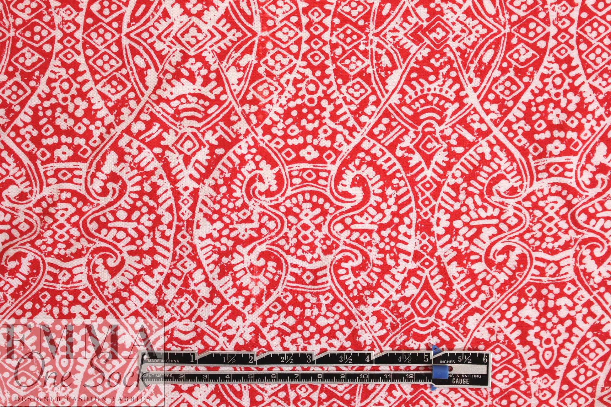 designer drapey viscose woven - red/white scroll