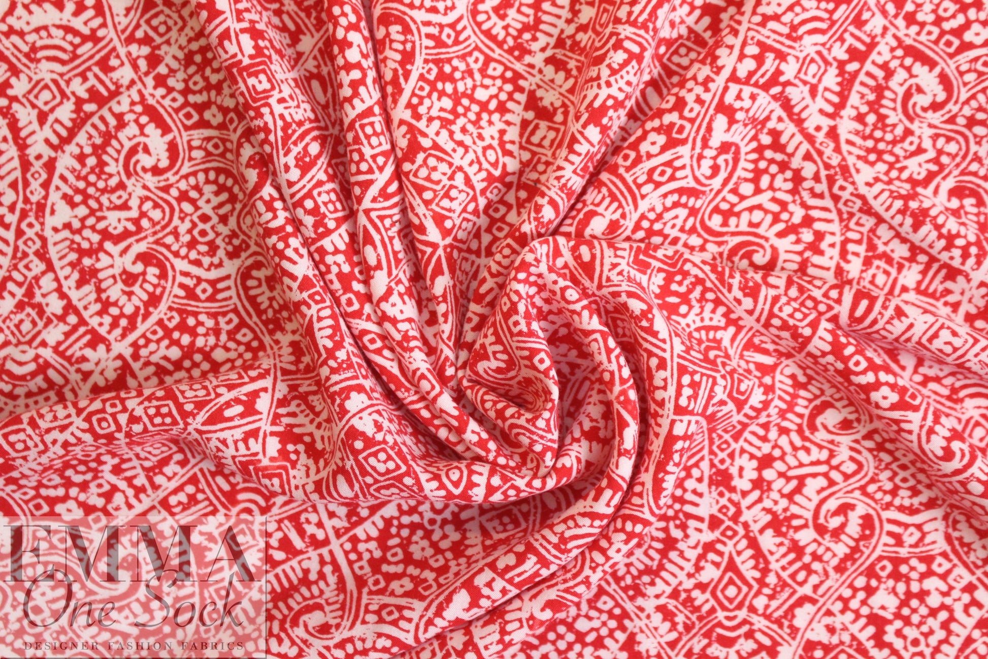 designer drapey viscose woven - red/white scroll