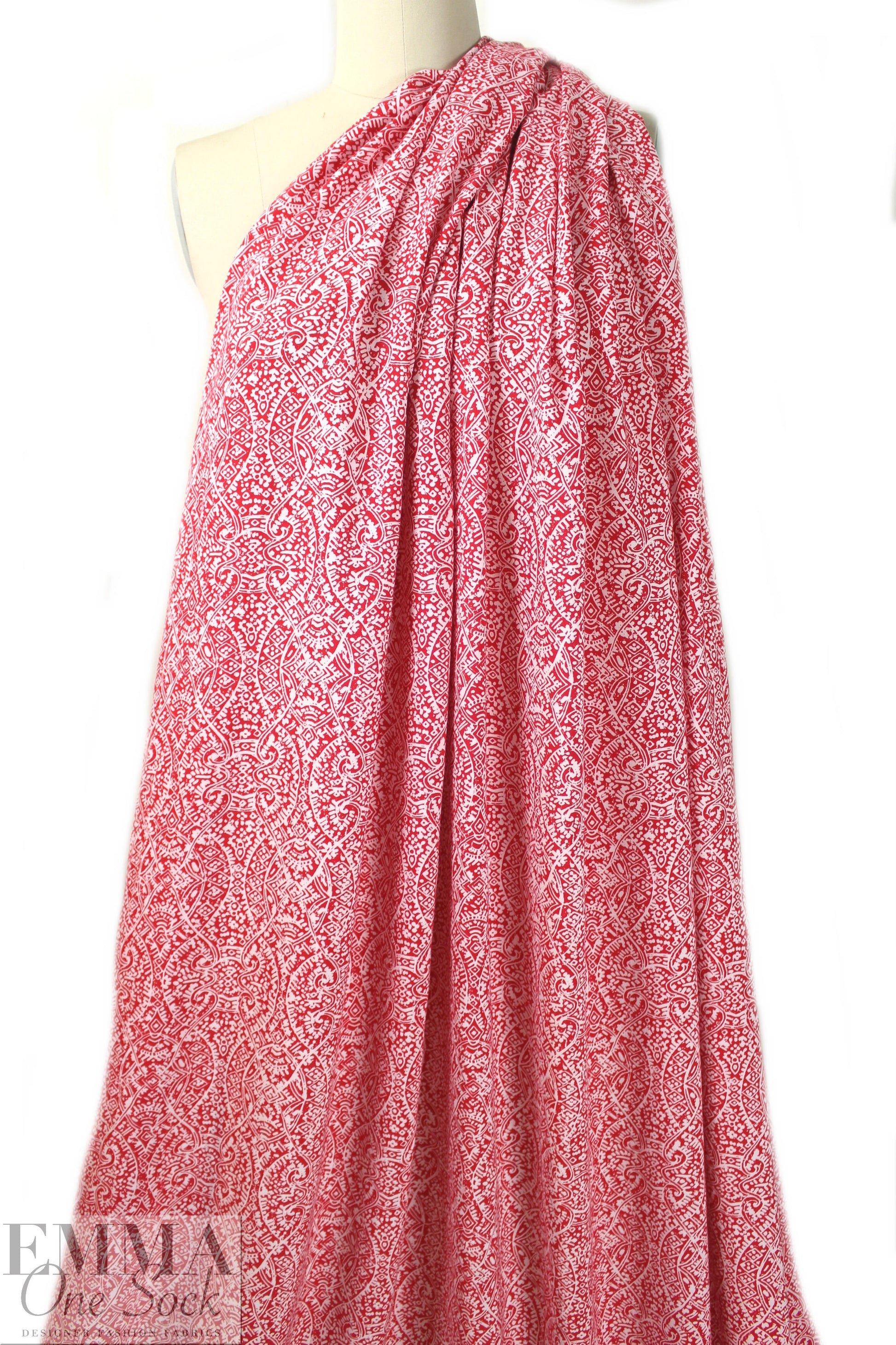 designer drapey viscose woven - red/white scroll 1.875 yds