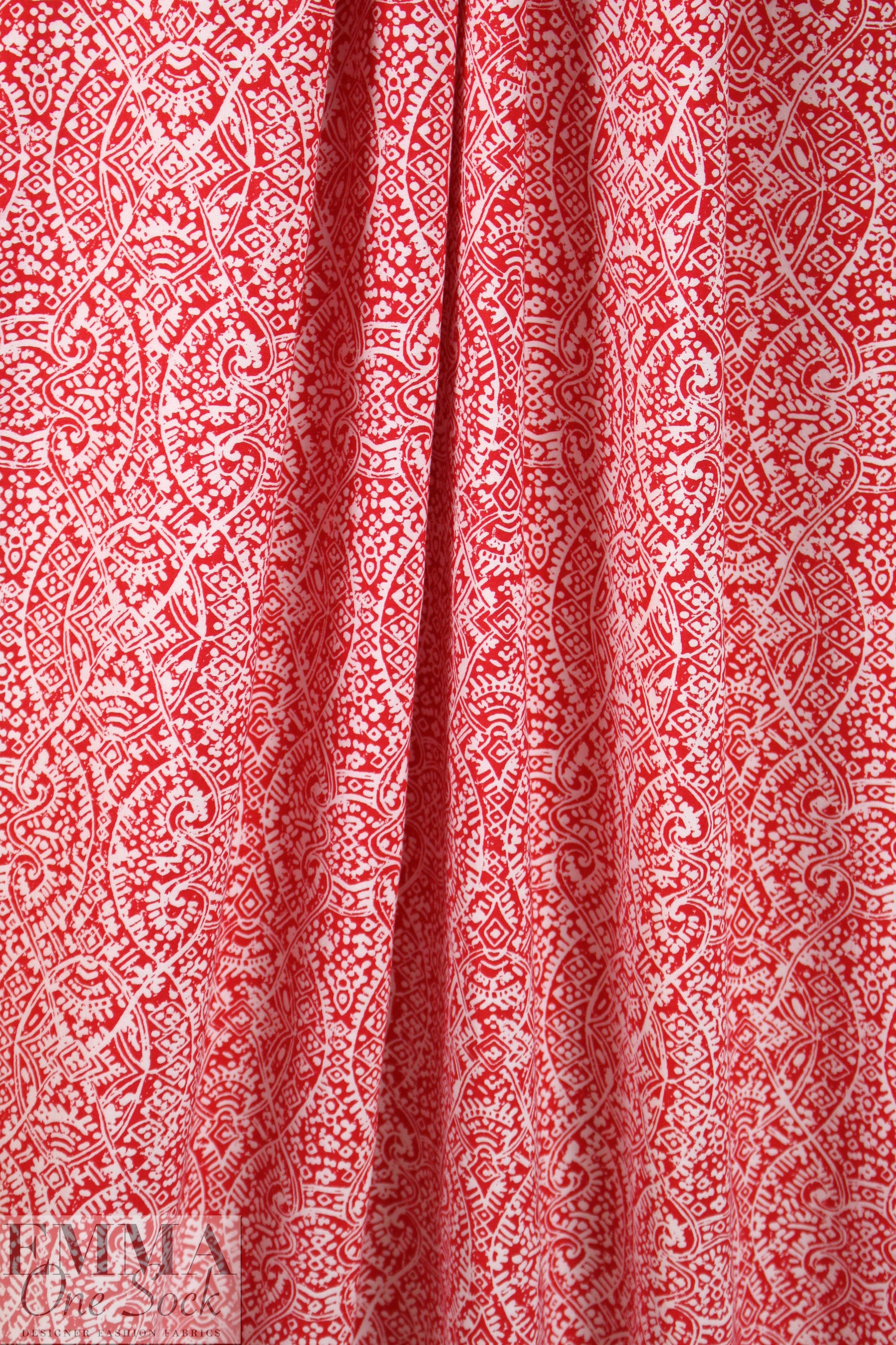 designer drapey viscose woven - red/white scroll