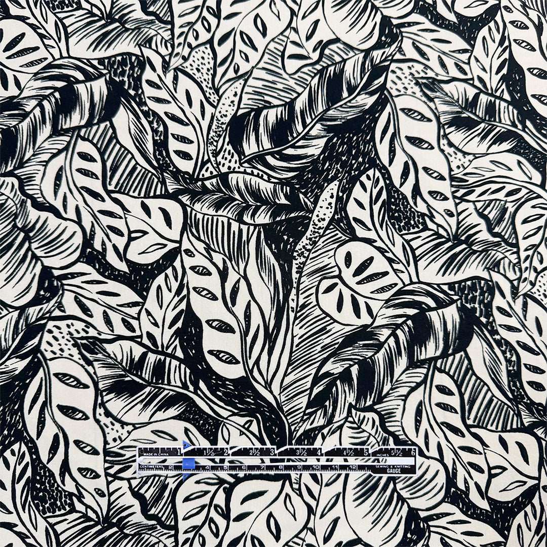 'Rousseau's garden' rayon challis blouseweight - black/ivory 1.875 yd