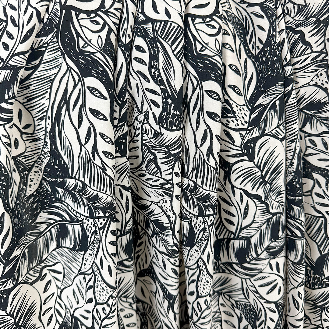 'Rousseau's garden' rayon challis blouseweight - black/ivory 1.5 yd