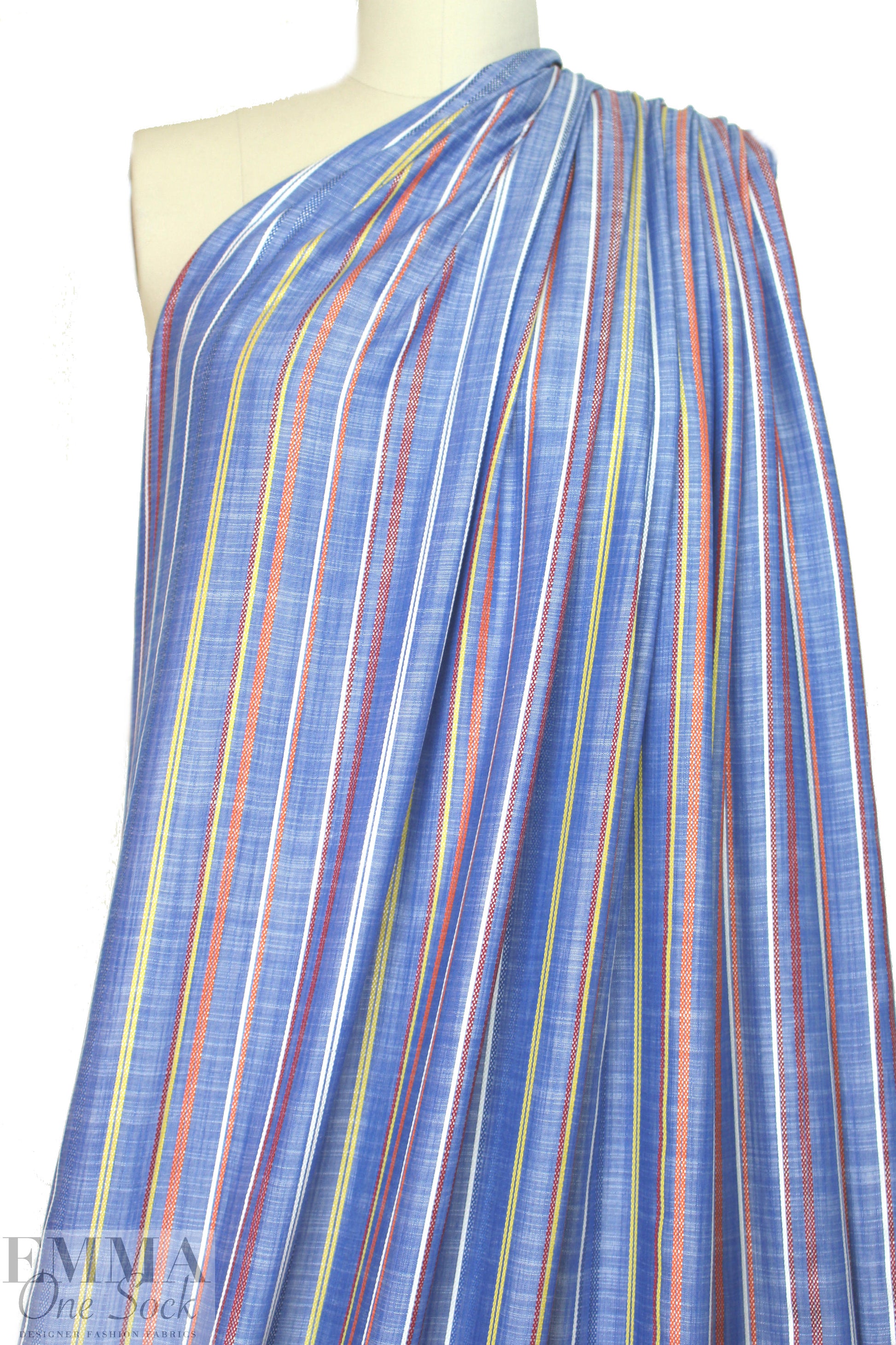viscose chambray jacquard stripe shirting - blue/red 1.25 yd