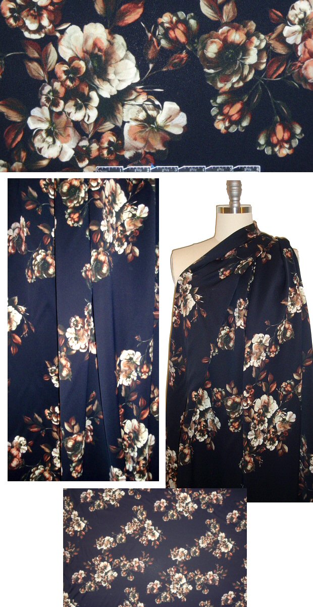 NY designer viscose crepe woven - antique flowers 1.66 yd