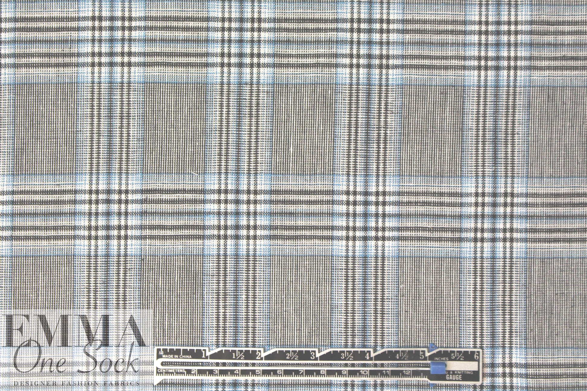sky/black/white yarn-dyed rayon/linen plaid
