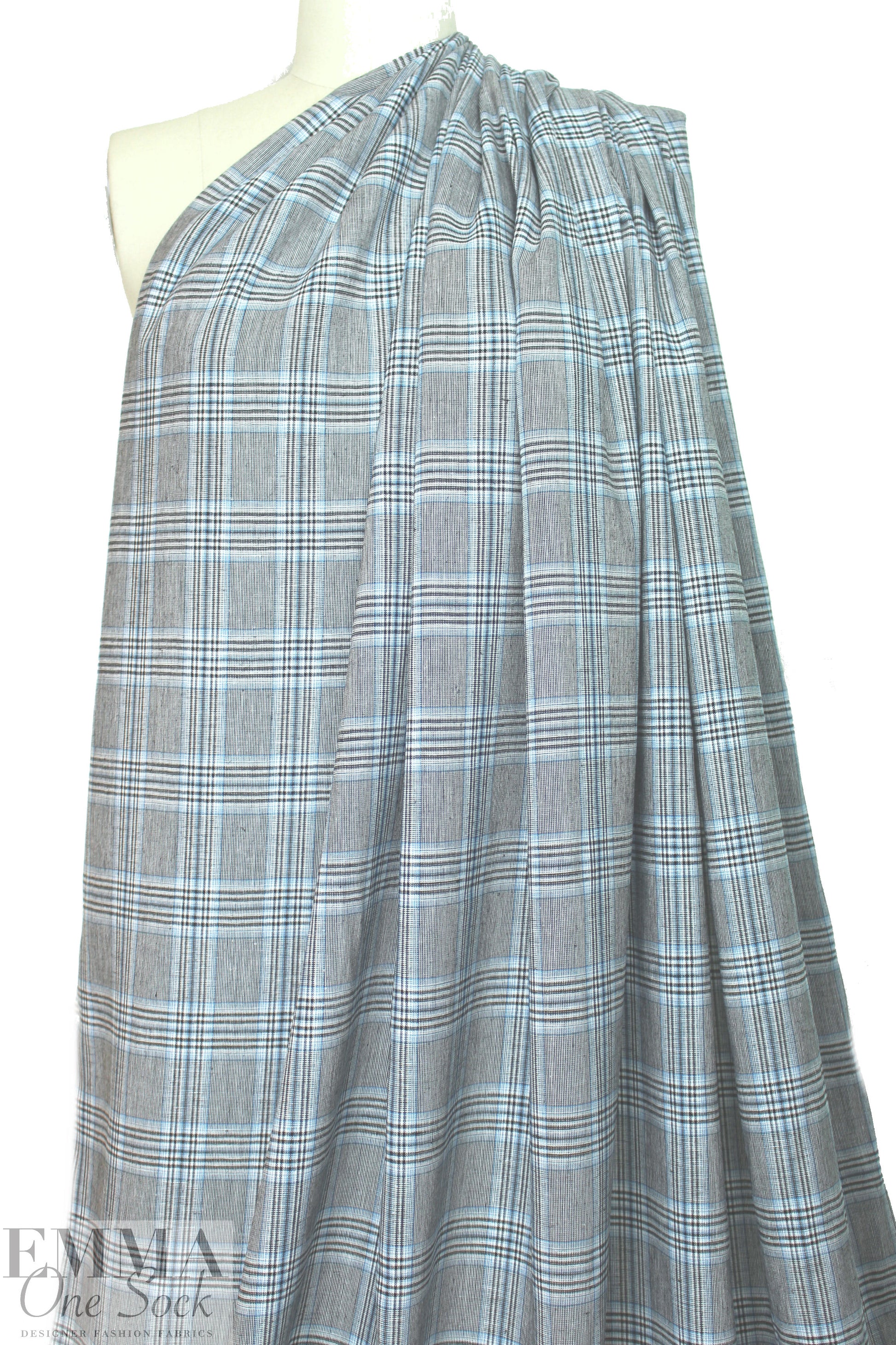 sky/black/white yarn-dyed rayon/linen plaid 1.875 yd